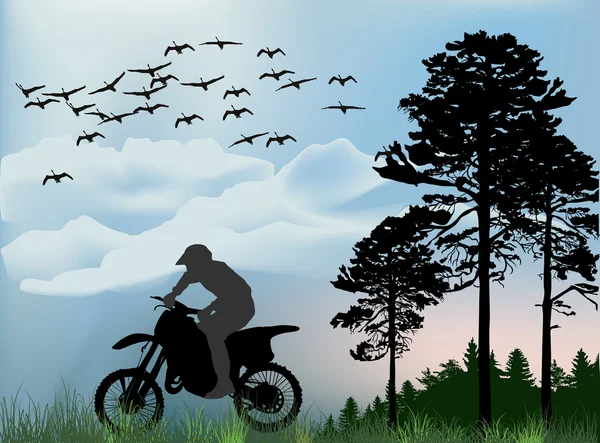 Silhouet van man op de motorfiets — Stockvector