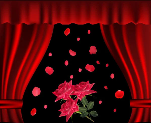 Rosas rojas y cortina — Vector de stock