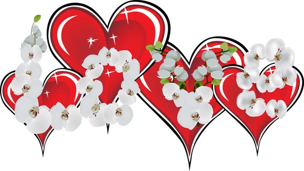 Corazones rojos y flores de orquídea — Vector de stock