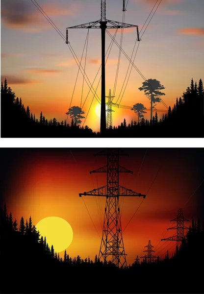 Torres eléctricas en el bosque al atardecer — Vector de stock