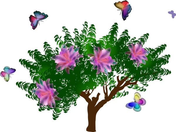 Árbol con flores y mariposas — Vector de stock