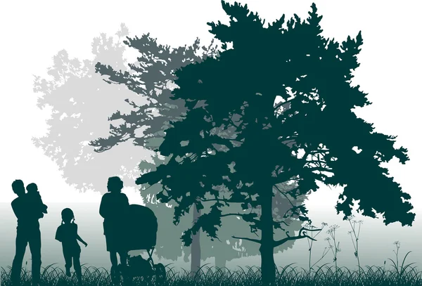 Familia en bosque verde — Vector de stock