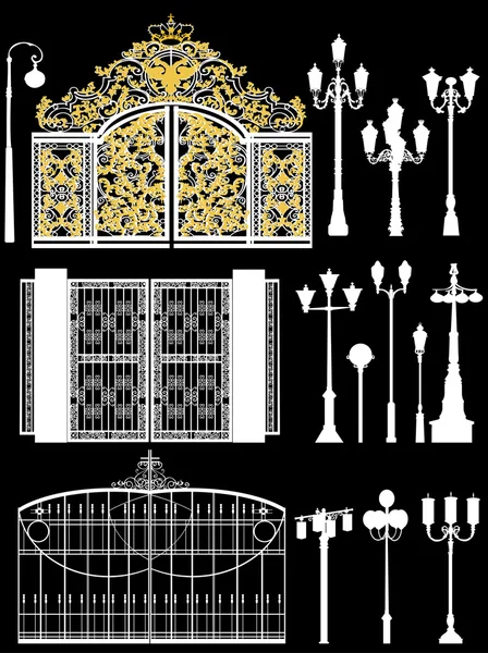 Decorative gates and street lamps — Stock Illustration Decorative gates and street lamps Royalty Free Stock Illustrations