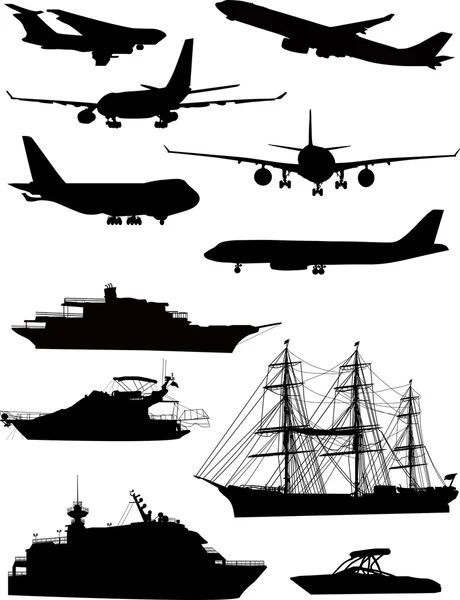 Siluetas de barcos y aviones — Vector de stock