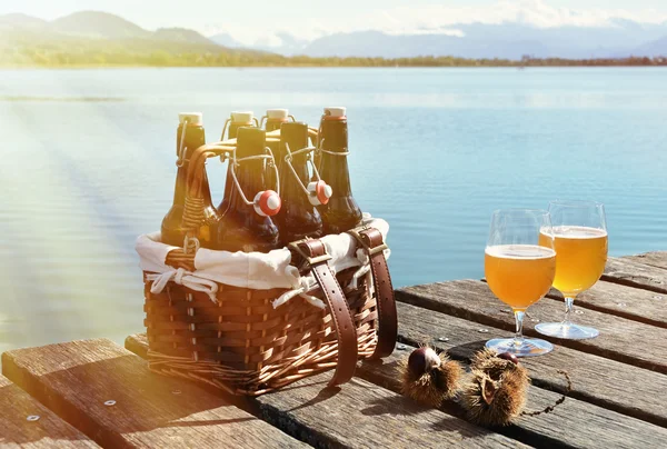 Beer bottles in vintage basket