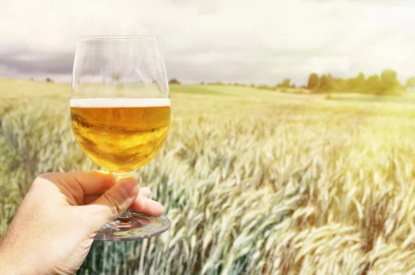 Glass of beer in hand — Stock Photo, Image