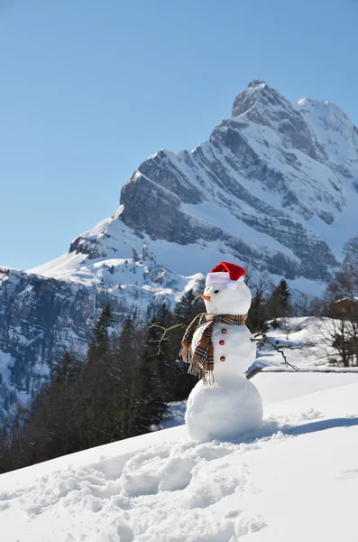 Muñeco de nieve contra panorama alpino . —  Fotos de Stock