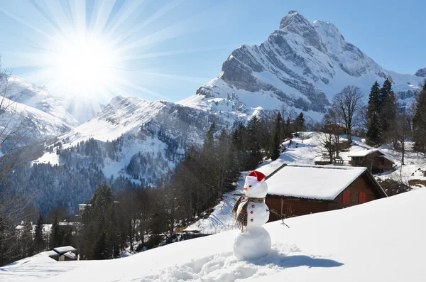 Sněhulák proti alpské panorama — Stock fotografie
