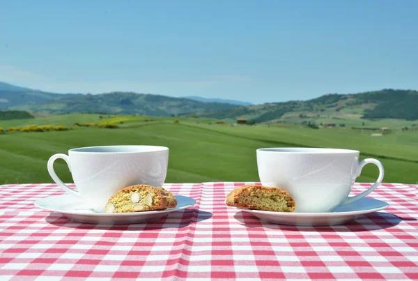 Dva šálky na kávu a cantuccini — Stock fotografie