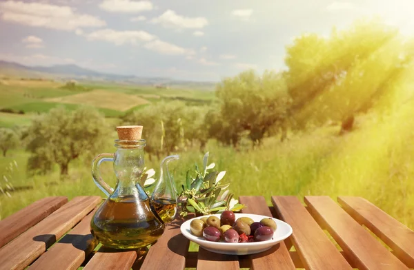 Azeite e azeitonas na paisagem toscana — Fotografia de Stock