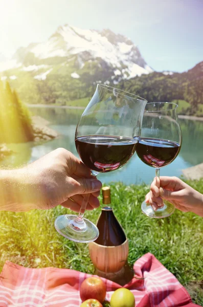 Wine and fruits in Alpine meadow. — Stok fotoğraf