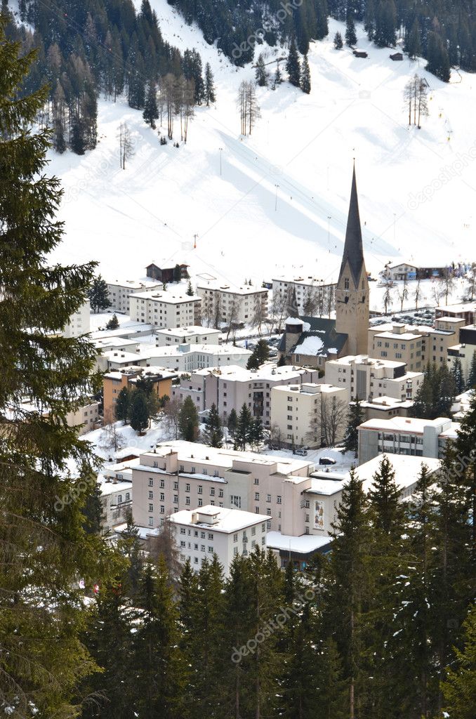 Winter view of Davos,  skiing resort