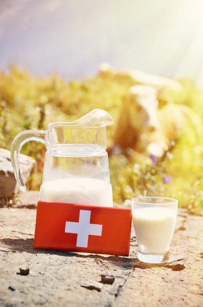 Zwitserse chocolade en kruik van melk — Stockfoto