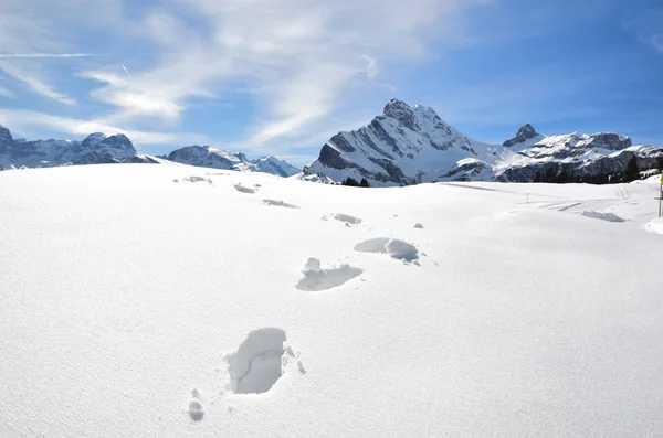 Schritte auf dem Schnee. Schweizer Alpen — Stockfoto