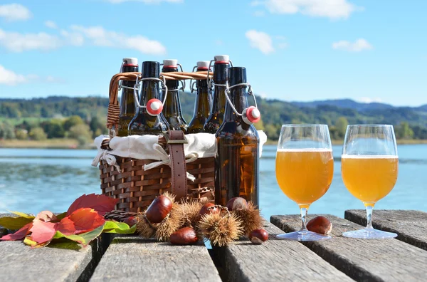 Bierflaschen im Korb — Stockfoto