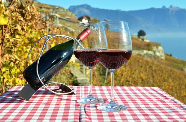 Vino tinto contra viñedos en Lavaux — Foto de Stock
