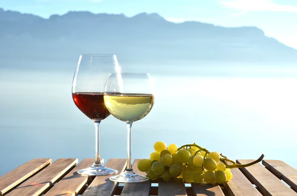 Wine and grapes against Geneva lake — Stock Photo, Image