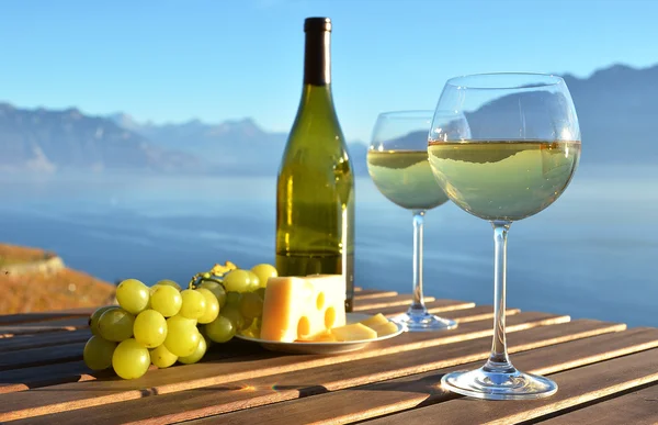 Wine and grapes against Geneva lake — Stock Photo, Image