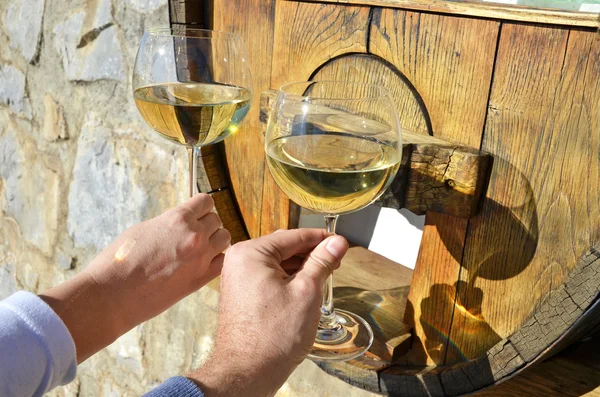 Wineglasses in the hands in Lavaux — Stock Photo, Image