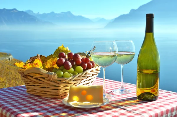 Wine and grapes against Geneva lake — Stock Photo, Image