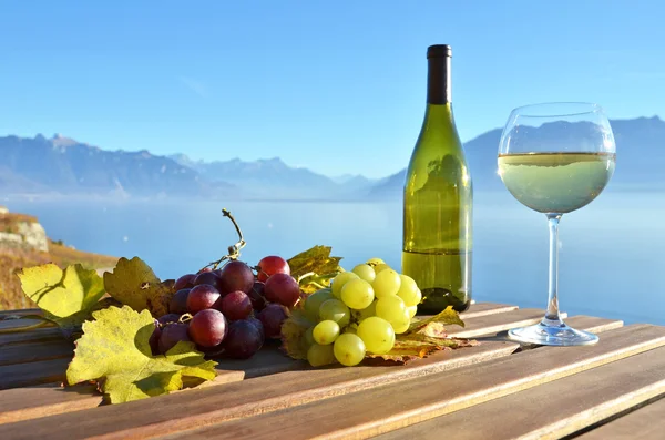 Vino y uvas frente al lago de Ginebra — Foto de Stock