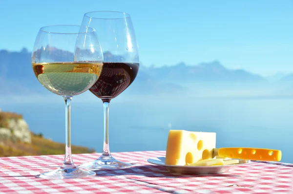 Vino e formaggio contro il lago di Ginevra — Foto Stock