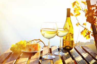 Şarap ve peynir Geneva Gölü karşı