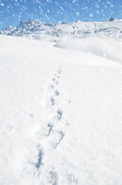 Des pas sur la neige dans les montagnes — Photo