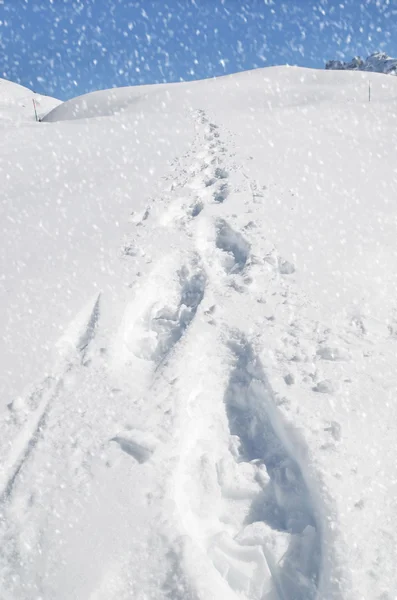 Footsteps on the snow in mountains — Stock Photo, Image