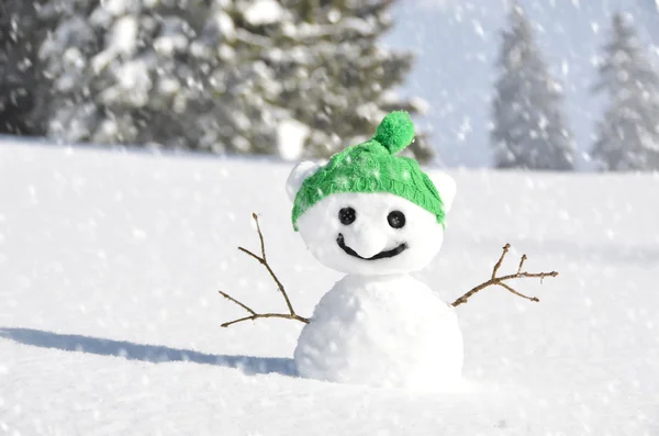 Muñeco de nieve contra el paisaje alpino — Foto de Stock