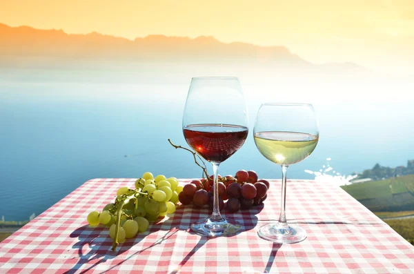 Wine with grapes on table — Stock Photo, Image