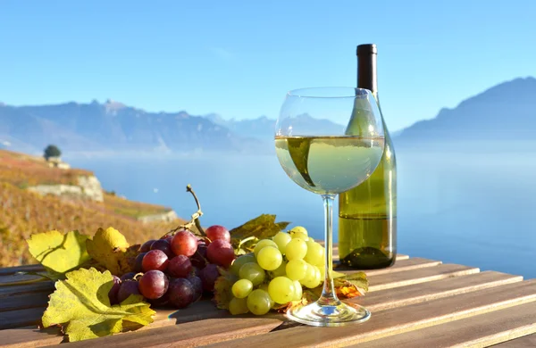 Wein mit Trauben auf dem Tisch — Stockfoto