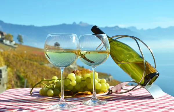Vino con uvas en la mesa — Foto de Stock