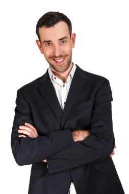 Gülümseyen, çapraz kolları olan iş adamı izole üzerinde beyaz arka