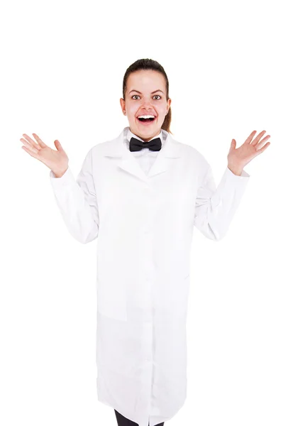 Mujer en uniforme de laboratorio con las manos arriba en el aire . — Foto de Stock