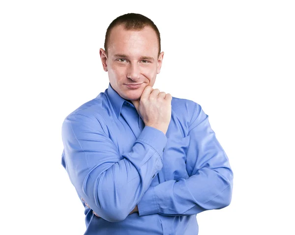 Hombre de negocios con camisa azul de pie delantal aislado sobre ba blanco —  Fotos de Stock