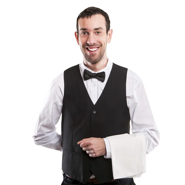 Waiter isolated over white background smiling, full body apron. — Stock Photo, Image