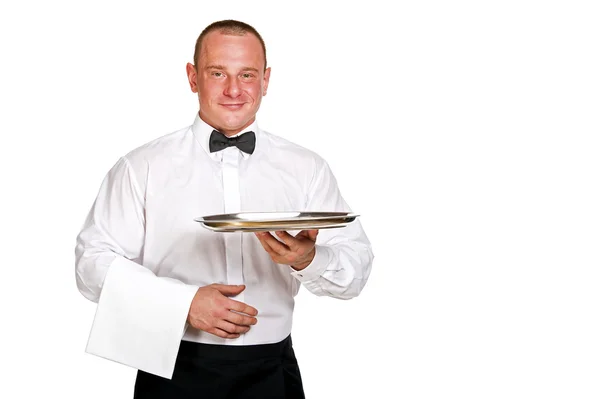 Garçom segurando bandeja. isolado sobre fundo branco . — Fotografia de Stock