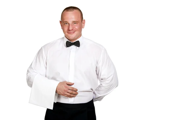 Homem garçom isolado sobre fundo branco, sorrindo . — Fotografia de Stock