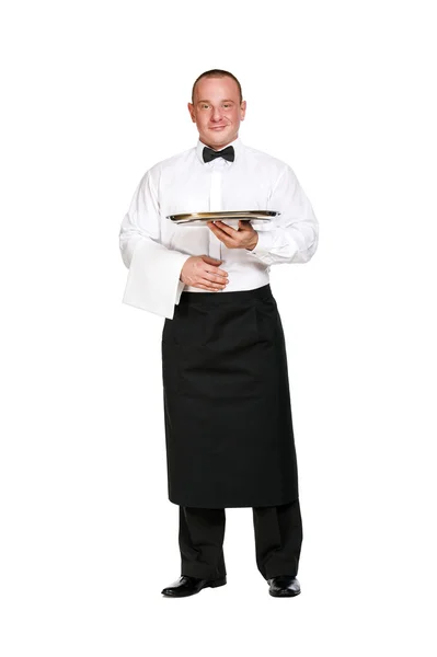 Waiter holding tray. isolated over white background. — Stock Photo, Image