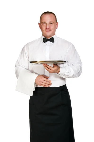 Σερβιτόρος εκμετάλλευση δίσκος. απομονωθεί σε λευκό φόντο. — Φωτογραφία Αρχείου