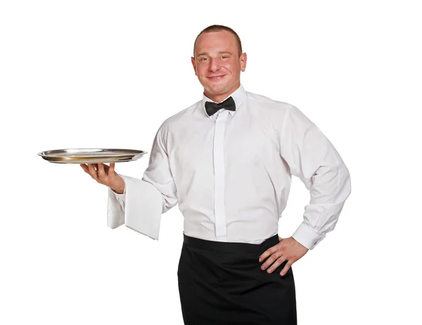 Σερβιτόρος εκμετάλλευση δίσκος. απομονωθεί σε λευκό φόντο. — Φωτογραφία Αρχείου
