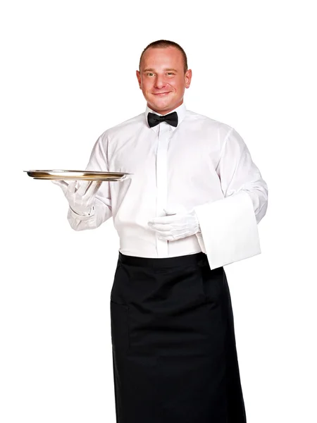 Официант в перчатках, держащий поднос, изолированный на белом фоне . — стоковое фото