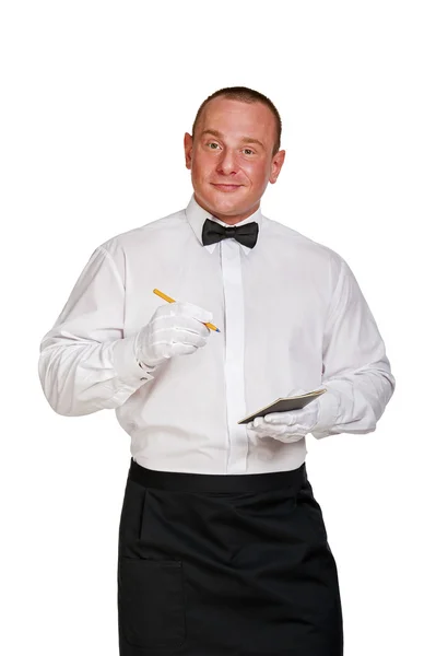 Cameriere con blocco note e matita su sfondo bianco . — Foto Stock