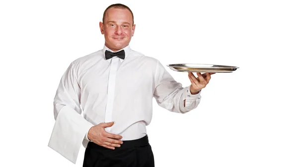 Waiter holding tray. isolated over white background. — Stock Photo, Image