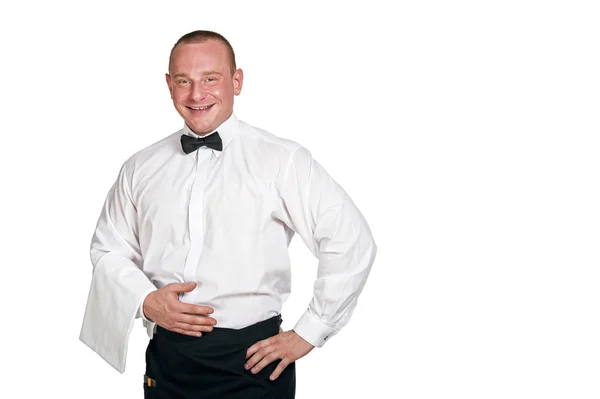 Homem garçom isolado sobre fundo branco, sorrindo . — Fotografia de Stock