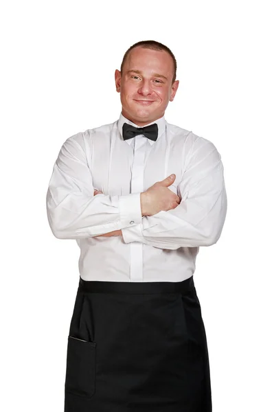 Kelner komputer mężczyzna na białym tle, uśmiechając się. — Zdjęcie stockowe