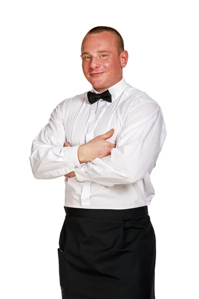 Человек-официант на белом фоне, улыбаясь . — стоковое фото
