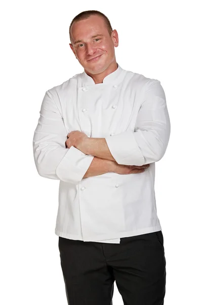Bărbat în uniformă de gătit izolat pe fundal alb . — Fotografie, imagine de stoc