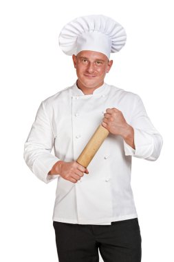 Beyaz bitti izole oklava ile üniforma şef.